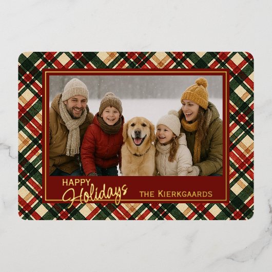 トレンディー赤緑格子水彩絵柄と金ゴールド 箔シーズンカード (正面)