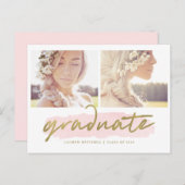トレンディー赤面と金ゴールド2枚写真卒業パーティー インビテーションポストカード (正面/裏面)