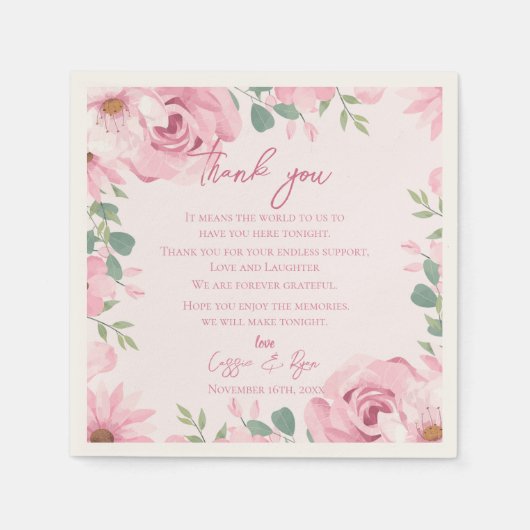 トレンディー赤面ピンクのフローラ結婚の感謝メッセージ スタンダードカクテルナプキン (正面)