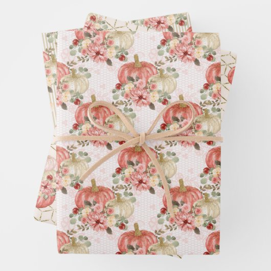 トレンディー赤面ピンクピーチクリームフロアルパンプキン ラッピングペーパーシート (インサイチュ)
