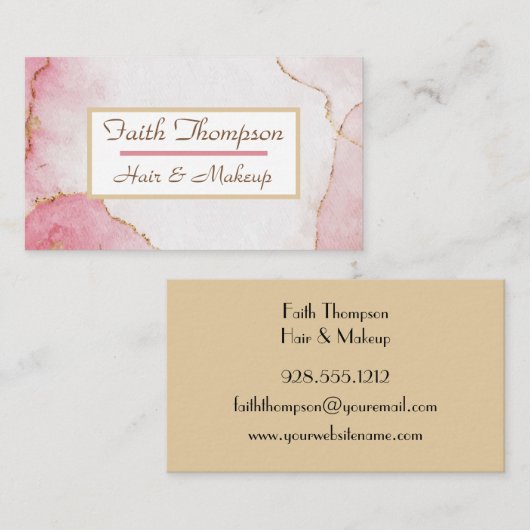 トレンディー赤面ピンクマーブル金ゴールド美容師 名刺 (正面/裏面)