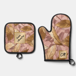 トレンディー赤面ピンク金ゴールドボホ離れコレクション 鍋つかみ&鍋敷きセット