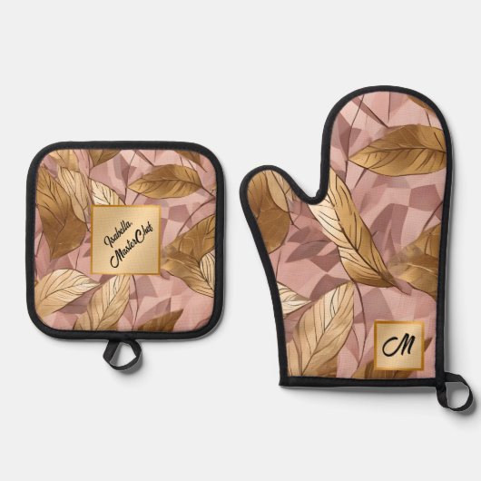 トレンディー赤面ピンク金ゴールドボホ離れコレクション 鍋つかみ&鍋敷きセット (正面)