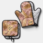 トレンディー赤面ピンク金ゴールドボホ離れコレクション 鍋つかみ&鍋敷きセット (正面/裏面)