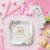 トレンディー赤面フローラユーカリ金ゴールド80歳の誕生日 ペーパープレート (パーティー)