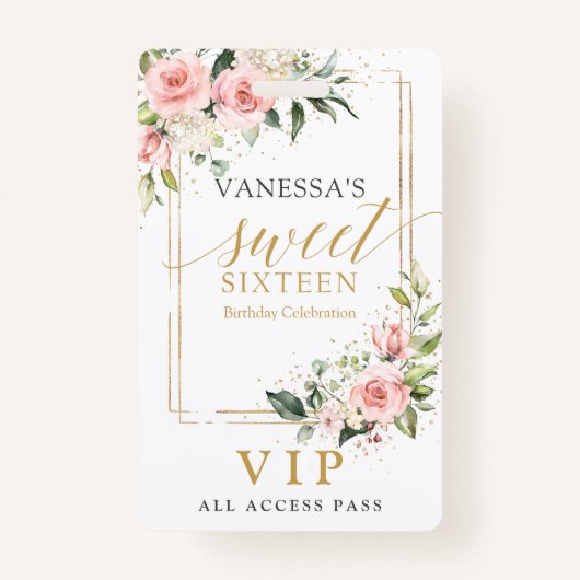 トレンディー赤面フローラ金ゴールドスパークルズ甘い16th バッジ (正面)