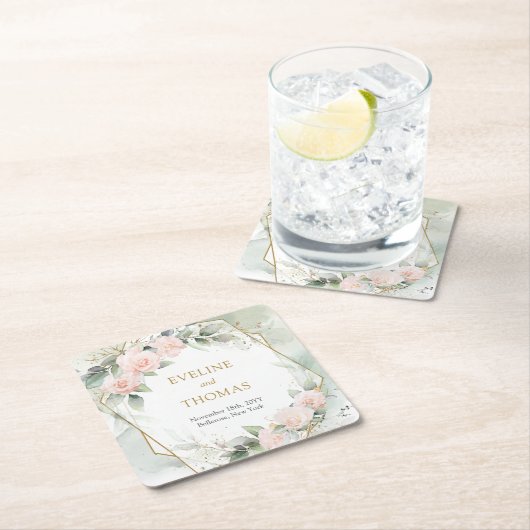 トレンディー赤面フローラ金ゴールドフレームeucalyptus 結婚s スクエアペーパーコースター (インサイチュ)