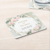 トレンディー赤面フローラ金ゴールドフレームeucalyptus 結婚s スクエアペーパーコースター (アングル)