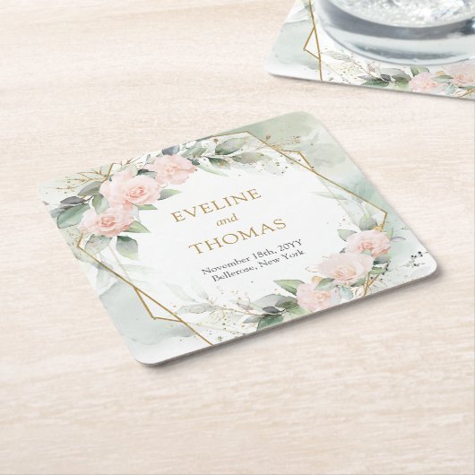 トレンディー赤面フローラ金ゴールドフレームeucalyptus 結婚s スクエアペーパーコースター (アングル)
