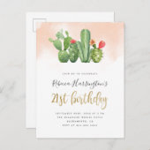 トレンディー赤面水彩及びサボテン21歳の誕生日 インビテーションポストカード (正面/裏面)