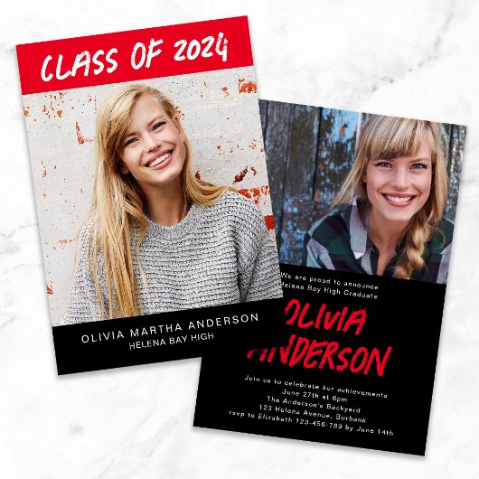 トレンディー赤黒写真卒業 招待状