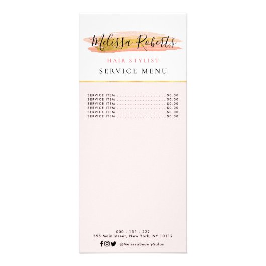 トレンディー金ゴールドとピンクサービスメニューカード ラックカード (正面)