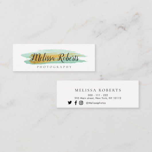 トレンディー金ゴールドとミントグリーンの名刺 スキニー名刺 (正面/裏面)