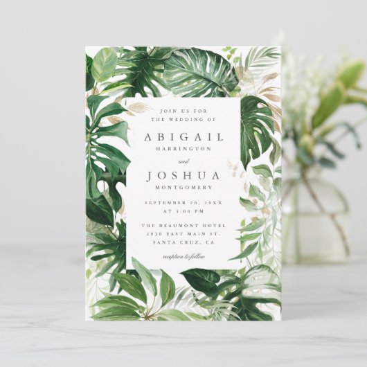 トレンディー金ゴールドと水の色トロピカルグリーン結婚ズ 招待状 (スタンド正面)