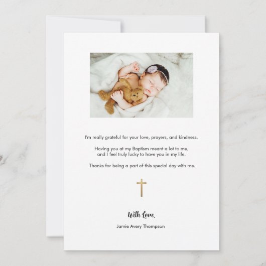 トレンディー金ゴールドクロスモダンベビーガール写真バプテスマ サンキューカード (裏面)