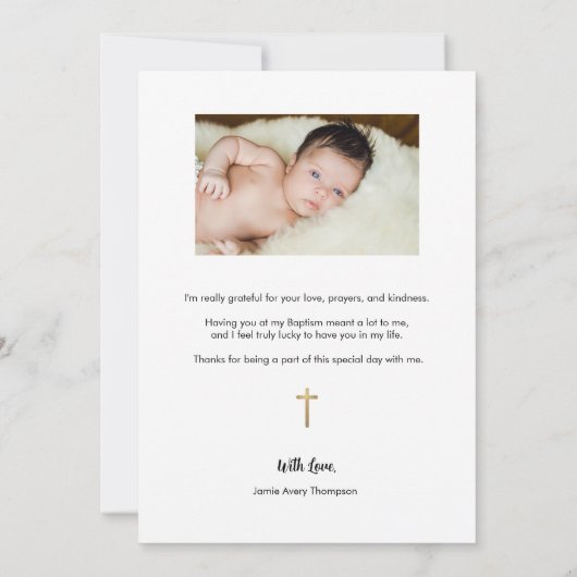 トレンディー金ゴールドクロスモダン2ベビー写真バプテスマ サンキューカード (裏面)