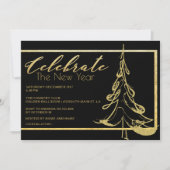 トレンディー金ゴールドグリッタークリスマスツリー新年パーティー 招待状 (正面)