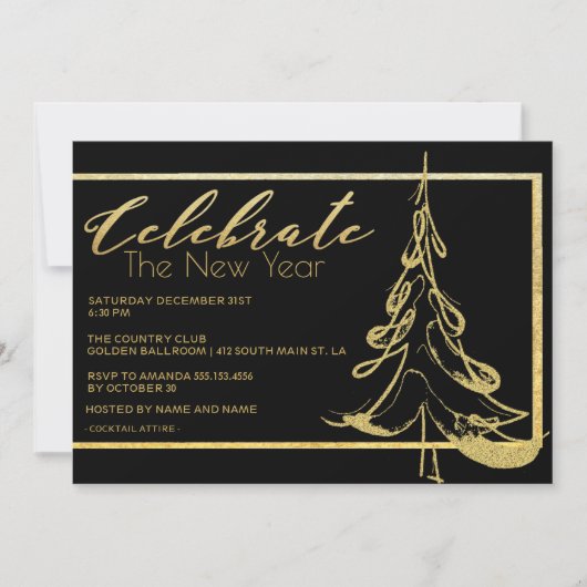 トレンディー金ゴールドグリッタークリスマスツリー新年パーティー 招待状 (正面)