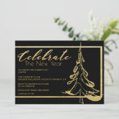トレンディー金ゴールドグリッタークリスマスツリー新年パーティー 招待状 (スタンド正面)