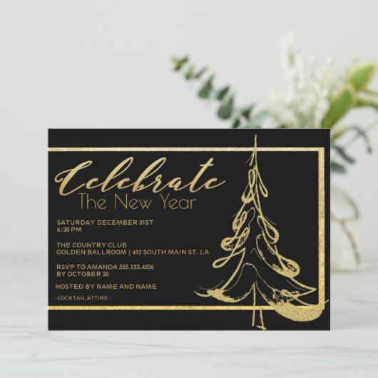トレンディー金ゴールドグリッタークリスマスツリー新年パーティー 招待状 (スタンド正面)