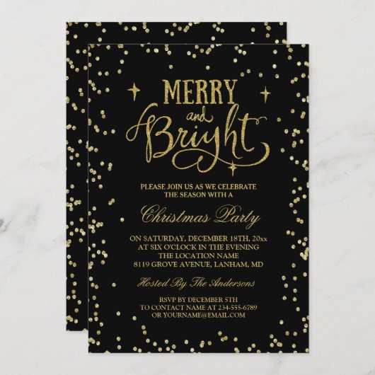 トレンディー金ゴールドグリッタートゥインクルドットクリスマスパーティー 招待状 (正面/裏面)