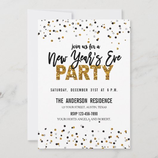 トレンディー金ゴールドグリッターニューイーブパーティー招待状 招待状 (正面)