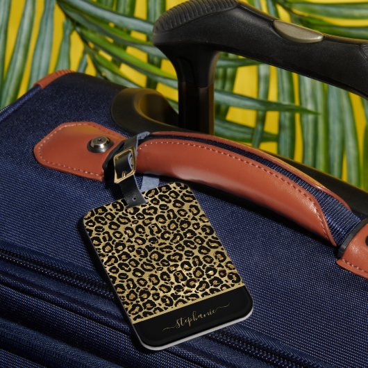 トレンディー金ゴールドグリッターレオパードアニマルプリントモノグラム ラゲッジタグ (正面インサイチュ1)