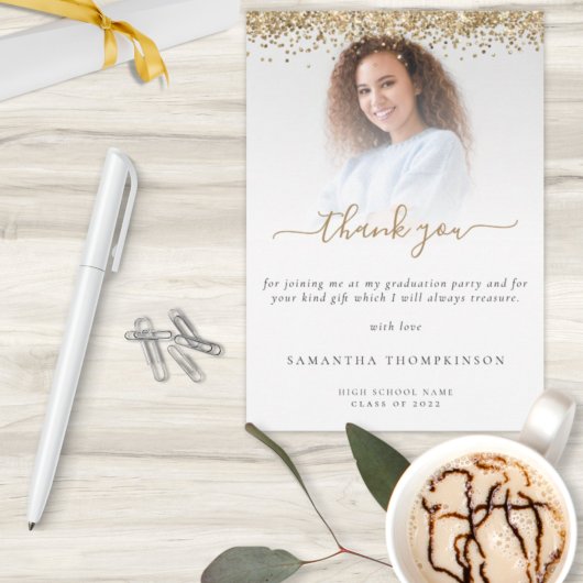 トレンディー金ゴールドグリッター写真卒業 サンキューカード
