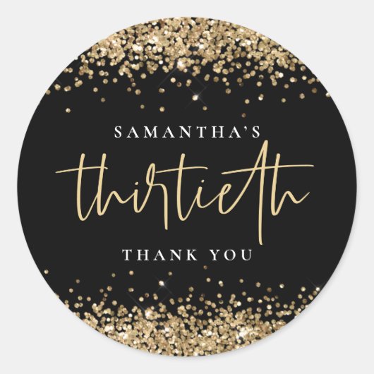 トレンディー金ゴールドグリッター名30サンキューブラック ラウンドシール (正面)