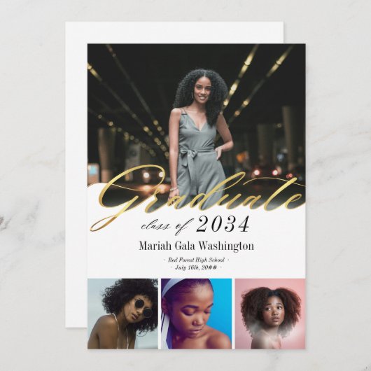 トレンディー金ゴールドスクリプト4枚フォトコラージュ卒業 (正面/裏面)