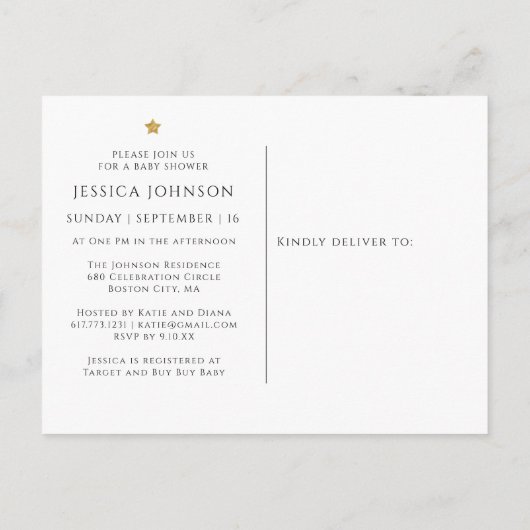 トレンディー金ゴールドスターズトゥインクルトゥインクルベビーシャワー インビテーションポストカード (裏面)