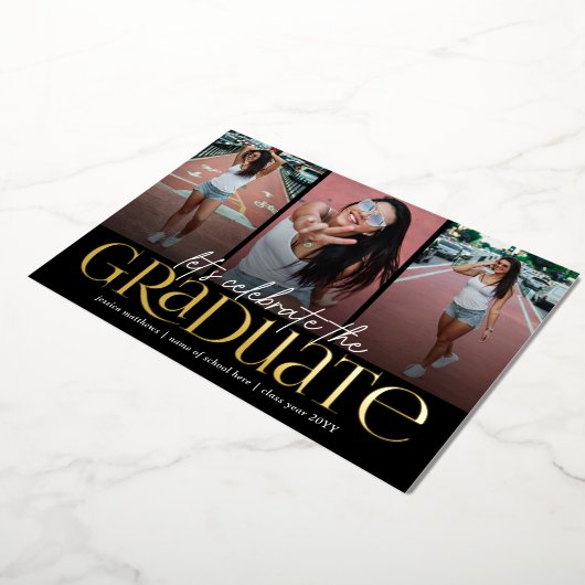 トレンディー金ゴールドタイポグラフィ写真コラージュ卒業 箔招待状 (回転した状態)