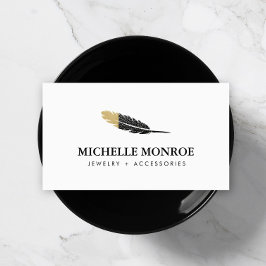 トレンディー金ゴールドディップボホフェザーデザイナーホワイト 名刺