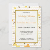 トレンディー金ゴールドハニカムミツバチサンフラワー誕生日  招待状 (正面)