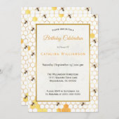 トレンディー金ゴールドハニカムミツバチサンフラワー誕生日  招待状 (正面/裏面)
