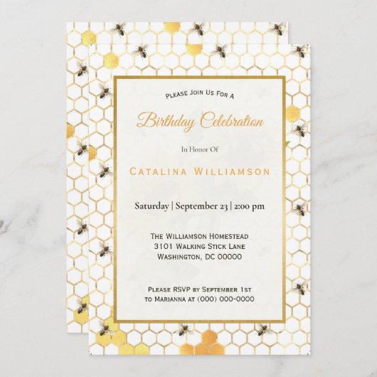 トレンディー金ゴールドハニカムミツバチサンフラワー誕生日  招待状 (正面/裏面)