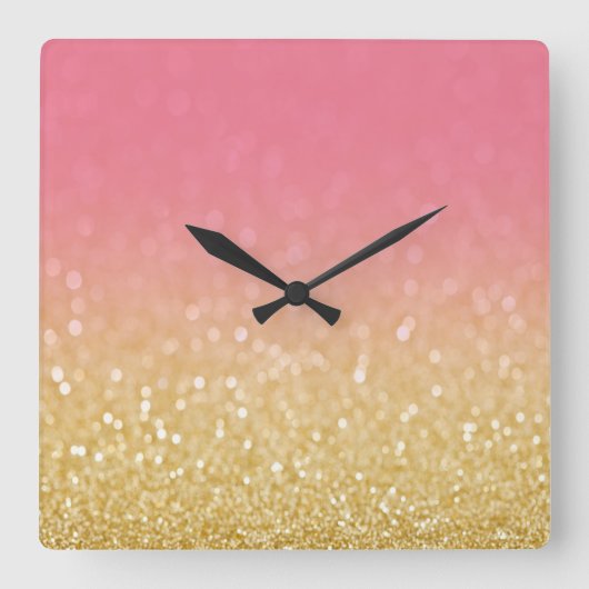 トレンディー金ゴールドピンクグラデーショングリッター壁時計 スクエア壁時計 (正面)