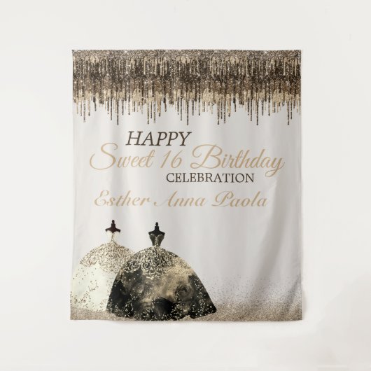 トレンディー金ゴールドブラウンドリップスボールゴーンスート16誕生日 タペストリー (正面)