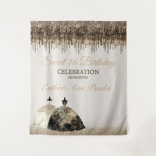 トレンディー金ゴールドブラウンドリップスボールゴーンスート16誕生日 タペストリー (正面)