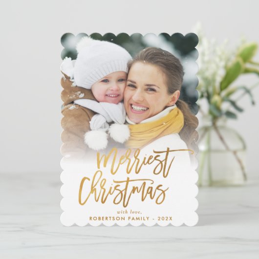 トレンディー金ゴールドブラシレタリングメリークリスマス シーズンカード (スタンド正面)