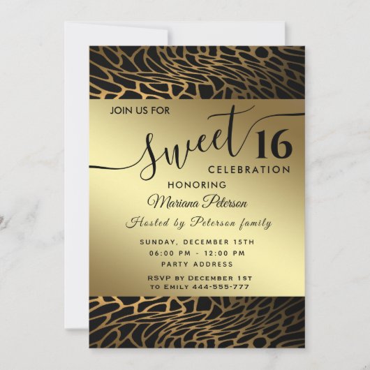 トレンディー金ゴールドブラック抽象芸術leopard sweet 16 invt 招待状 (正面)