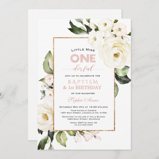 トレンディー金ゴールドホワイトフローラバプティスファースト誕生日 招待状 (正面/裏面)