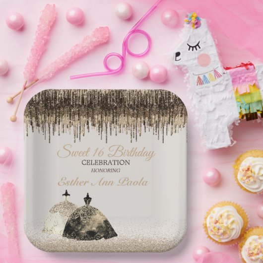 トレンディー金ゴールドボールガウン甘い16誕生日スパークドリップ ペーパープレート (パーティー)