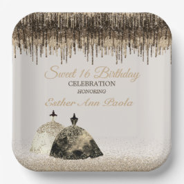 トレンディー金ゴールドボールガウン甘い16誕生日スパークドリップ ペーパープレート
