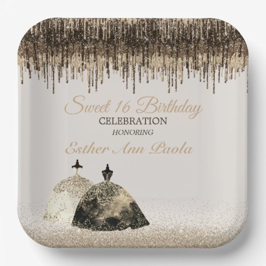 トレンディー金ゴールドボールガウン甘い16誕生日スパークドリップ ペーパープレート (正面)