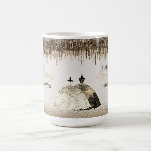 トレンディー金ゴールドボールガウン甘い16誕生日ドリップ コーヒーマグカップ (中央)