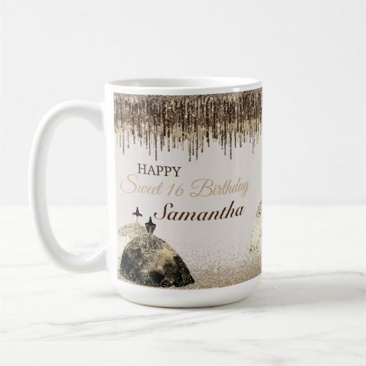 トレンディー金ゴールドボールガウン甘い16誕生日ドリップ コーヒーマグカップ (左)