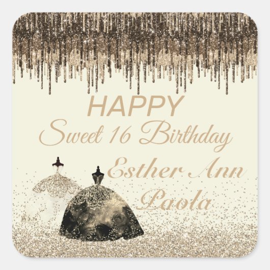 トレンディー金ゴールドボールガウン甘い16誕生日ドリップ スクエアシール (正面)