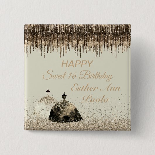 トレンディー金ゴールドボールガウン甘い16誕生日ドリップ 缶バッジ (正面)
