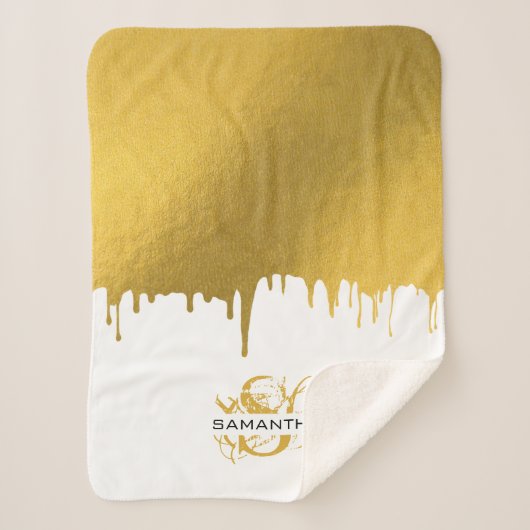 トレンディー金ゴールドメタリックドリップススクリプトモノグラム シェルパブランケット (正面)